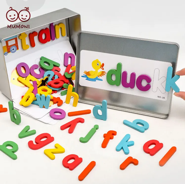 Juego de escritura con letras súper geniales, caja de hojalata grande, juego de aprendizaje de palabras con flashcards, juego de escritura magnético