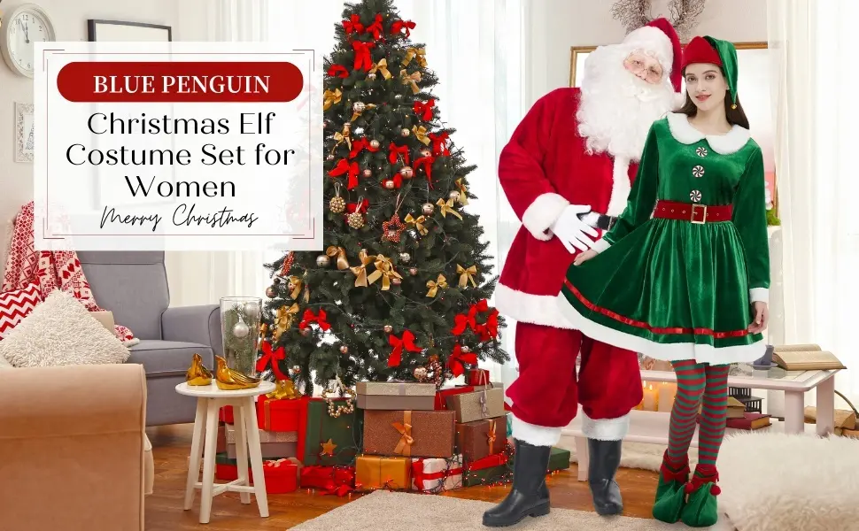 Disfraz de elfo de Navidad para mujer, traje de elfo de poliéster verde para adultos con accesorios para fiesta de Cosplay con aspecto de Navidad