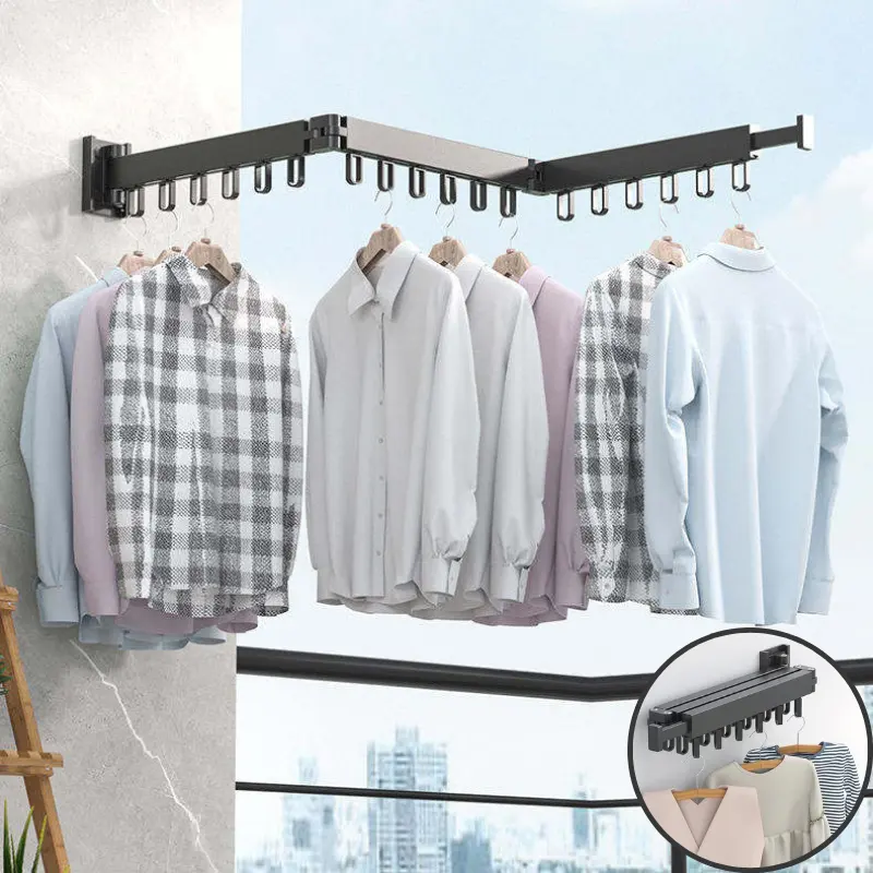 Atacado Wall Hanger Montado Folding Clothes Rack Retrátil Espaço Poupança Roupas Rod Casa Lavandaria Secagem Rack