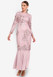 イスラムブティックOネックレース刺繍長袖スリムフィットBaju <span class=keywords><strong>Kebaya</strong></span>モダンバジュクルンイスラム教徒女性