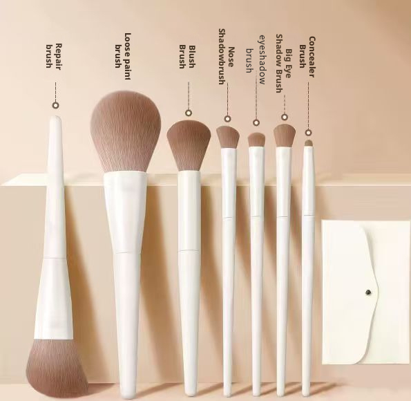 Brocha de maquillaje de 7 piezas + bolsa blanca