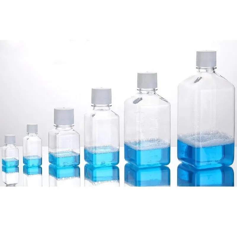 Şeffaf PETG hücre kültürü serum orta reaktif kare şişe 30ml 60ml 125ml 250ml 500ml 1000ml