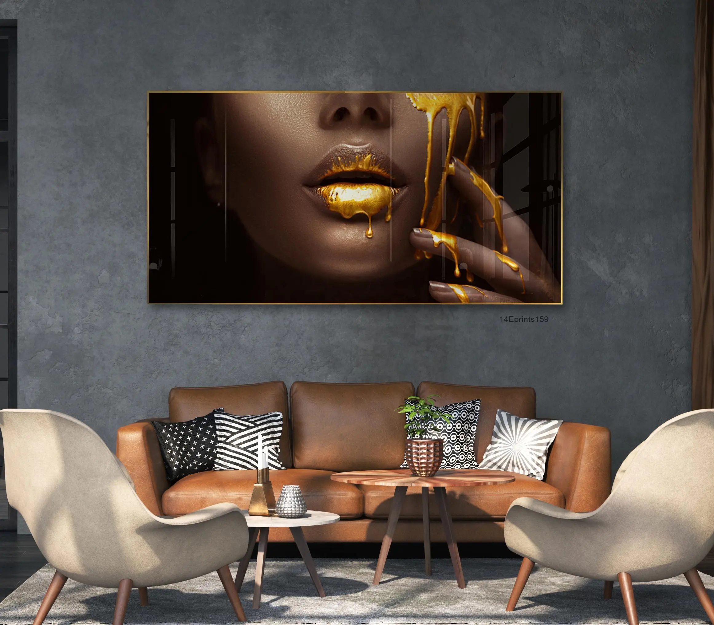 Pintura de porcelana acrílica con estampado UV para mujer, pintura de pared africana, color negro, labios, Sexy, dorado