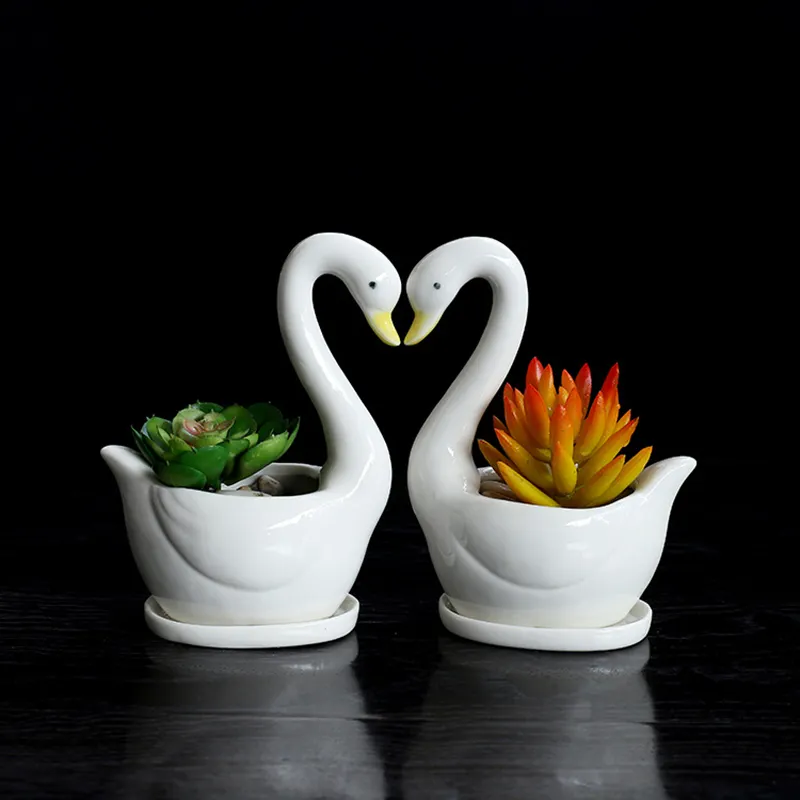 Vaso de flores de cerâmica verde saudável, forma de cisne branco