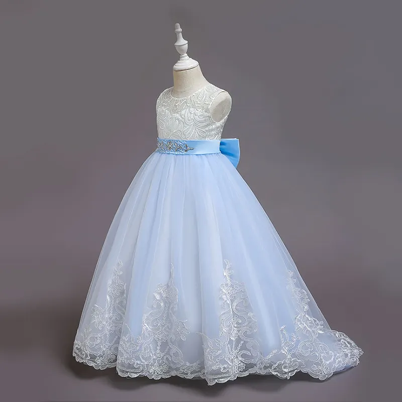 OEM Sleeveless Sky Blue Lace Ball Gown Party Baby Girl Princess Flower Girl Maxi Dress