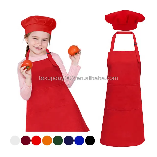 Vente en gros Tablier de cuisine avec logo personnalisé pour enfants par sublimation Tablier de cuisine réglable en coton vierge et chapeau peint