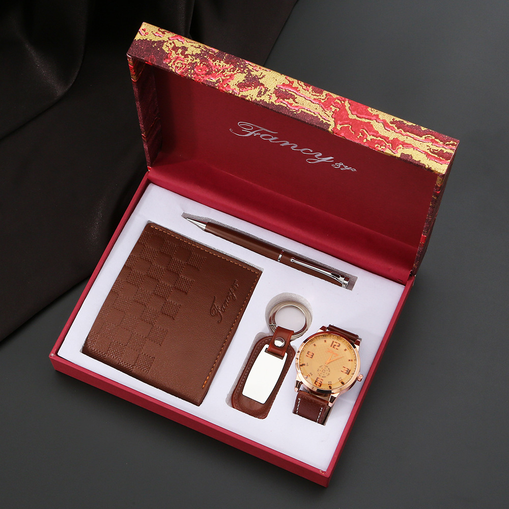 m2849-5-piece set-watch wallet pen key chain wooden gift box