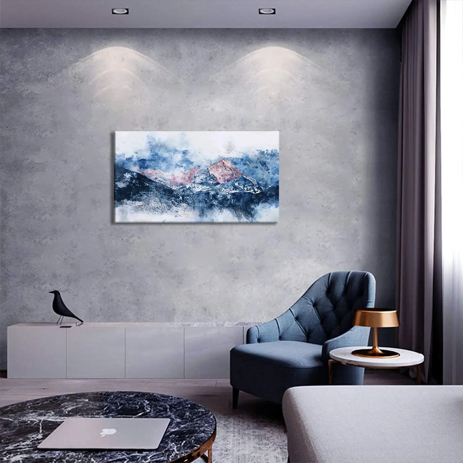Pintura al óleo de estilo chino para decoración del hogar, pintura al óleo minimalista moderna de montaña con acuarela azul