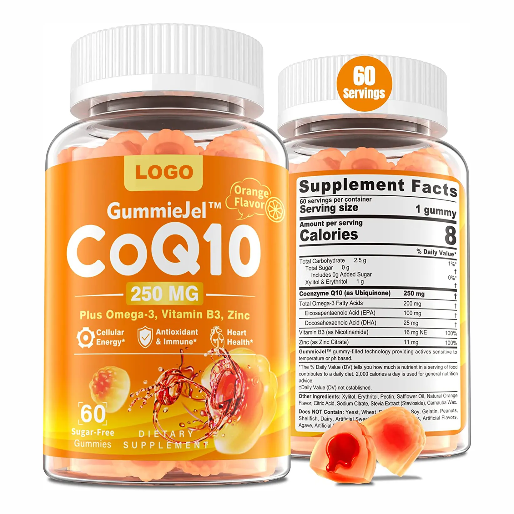 Şekersiz CoQ10 dolgulu Gummies Plus Omega-3 kalp sağlığı hücresel enerji ve yetişkinler için antioksidan destek için çinko Vitamin B3