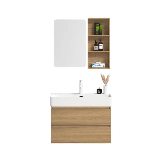 Bad Waschtischspiegel mit Schiebetür Waschständer mit Keramikwaschbecken wandmontage Holz-Badezimmerschrank