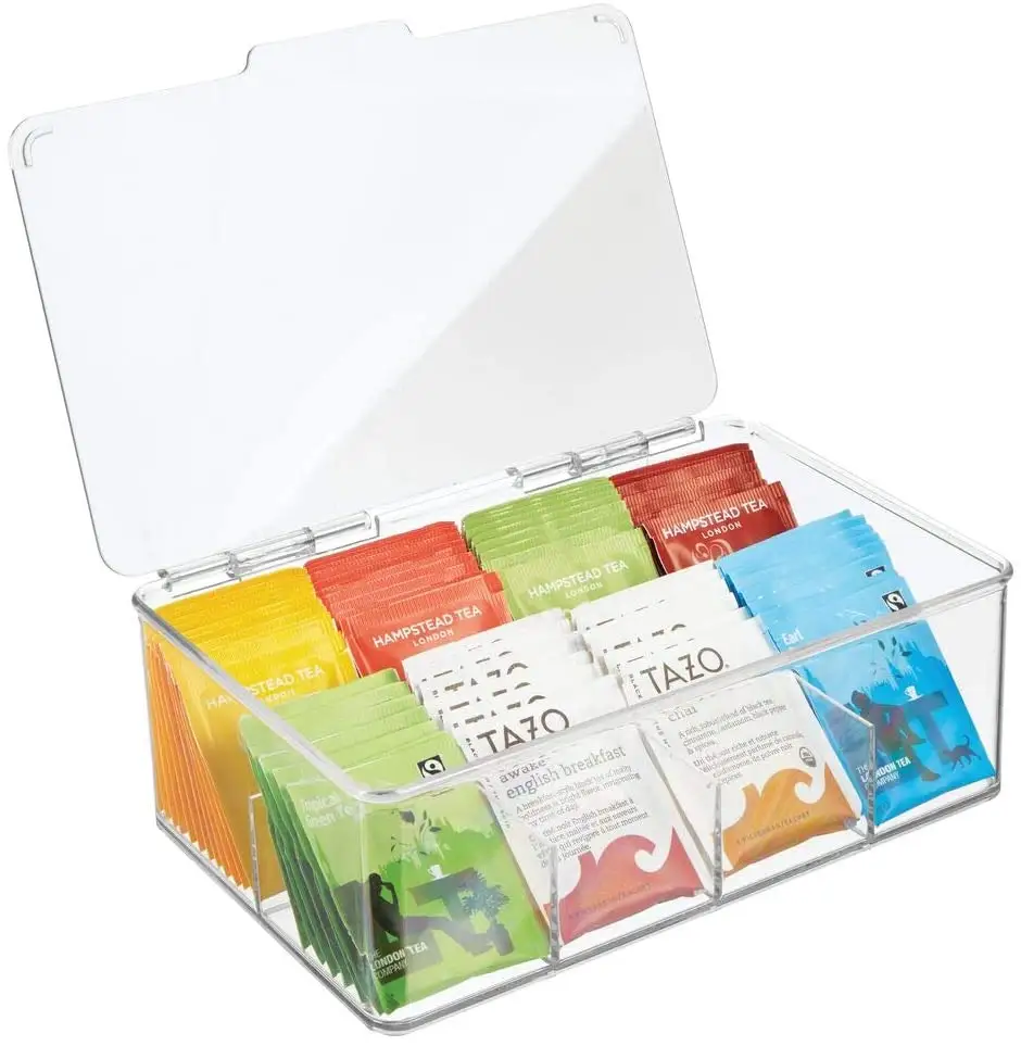 Meilleure vente support de sac à thé en plastique transparent empilable organisateur boîte de rangement avec couvercle supérieur transparent sans Bpa