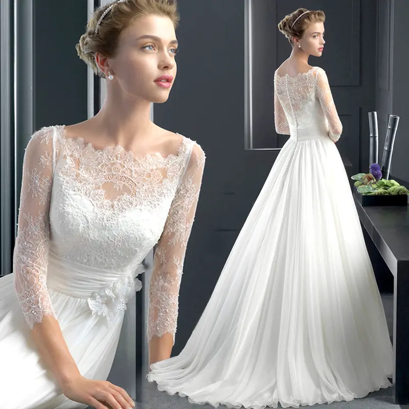 2022 Newluxury French Lace maniche lunghe Flower Girl Women Chiffon Bridal Long Trail Trailing abito da sposa