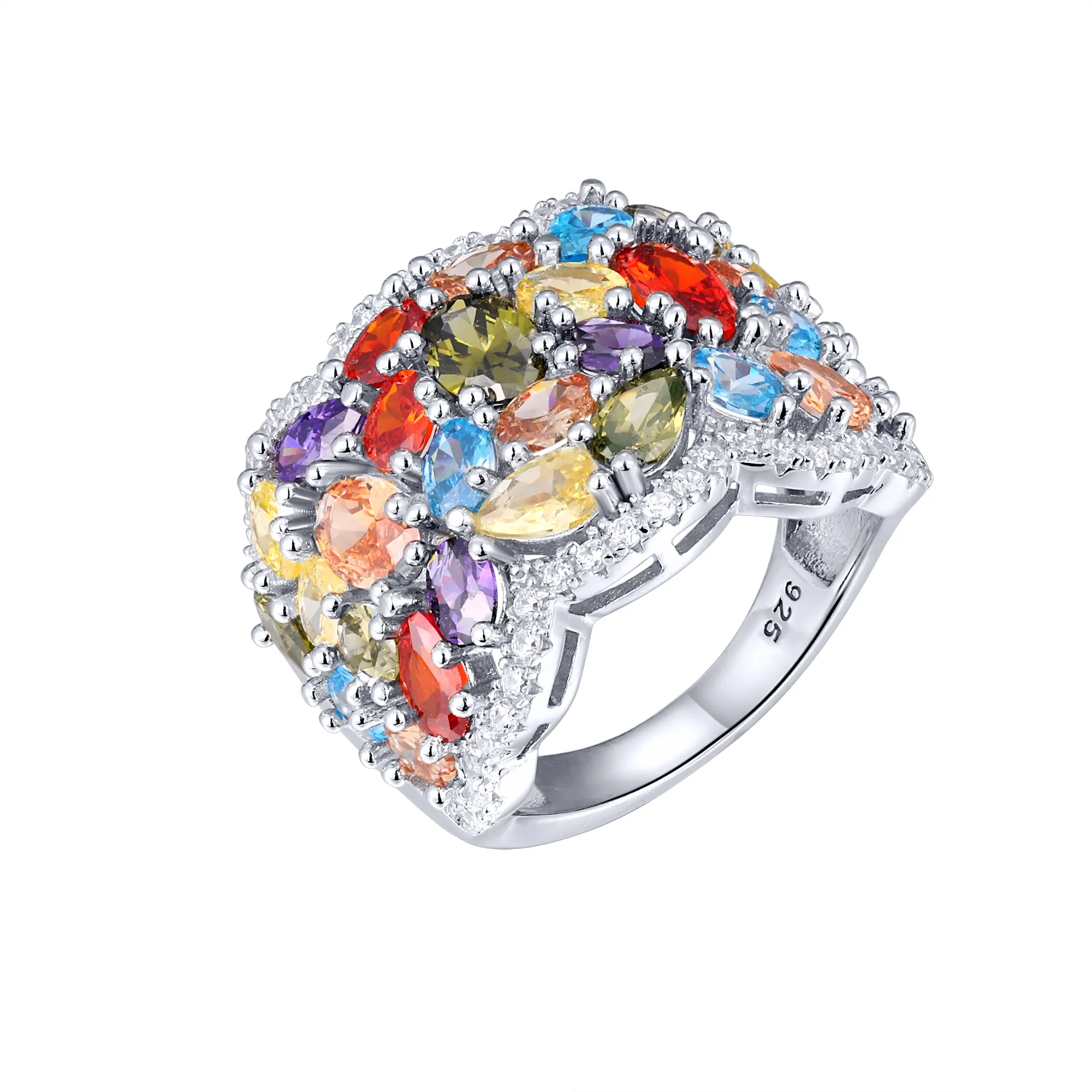 סיטונאי יוקרה טבעת נשים כסף זירקון אבן חן קריסטל אבן עם יהלום ריינסטון גדול צבעוני לחתונה