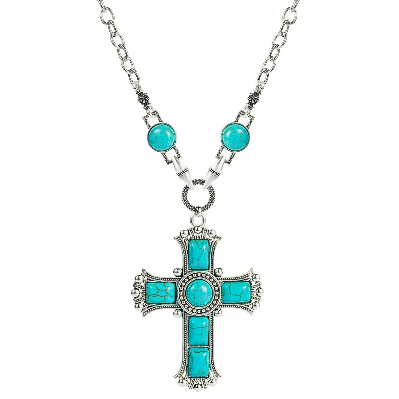 Collar con forma de cruz de piedra turquesa para mujer, colgante de cadena con incrustaciones de aleación