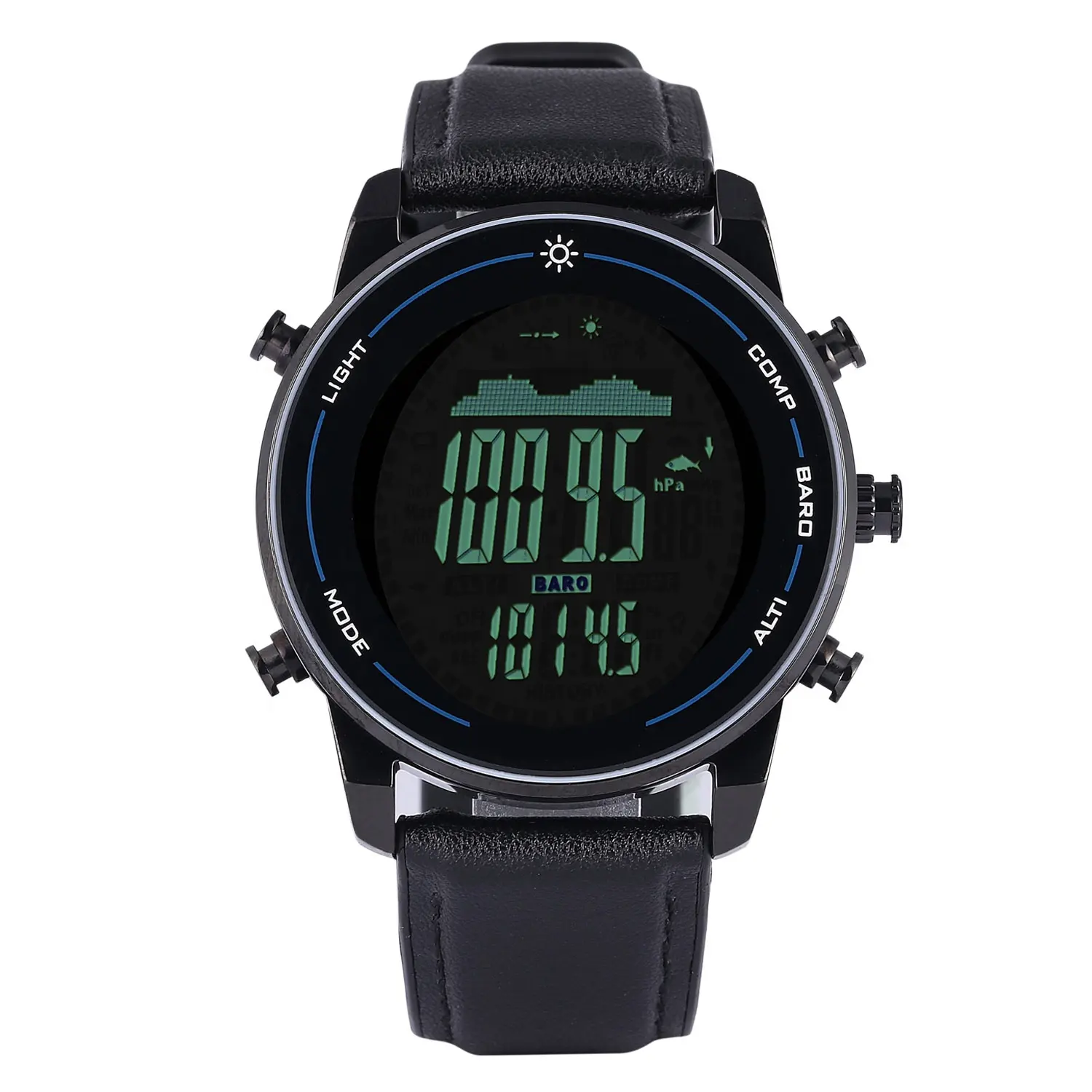 Reloj Digital de cuero negro para hombre, barómetro de acero inoxidable, brújula, deportivo, útil, LED, Simple