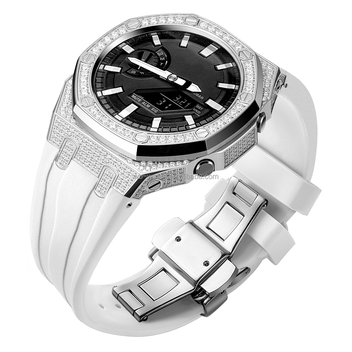 Diamond Set Silver Ring +Silver Case + White Strap