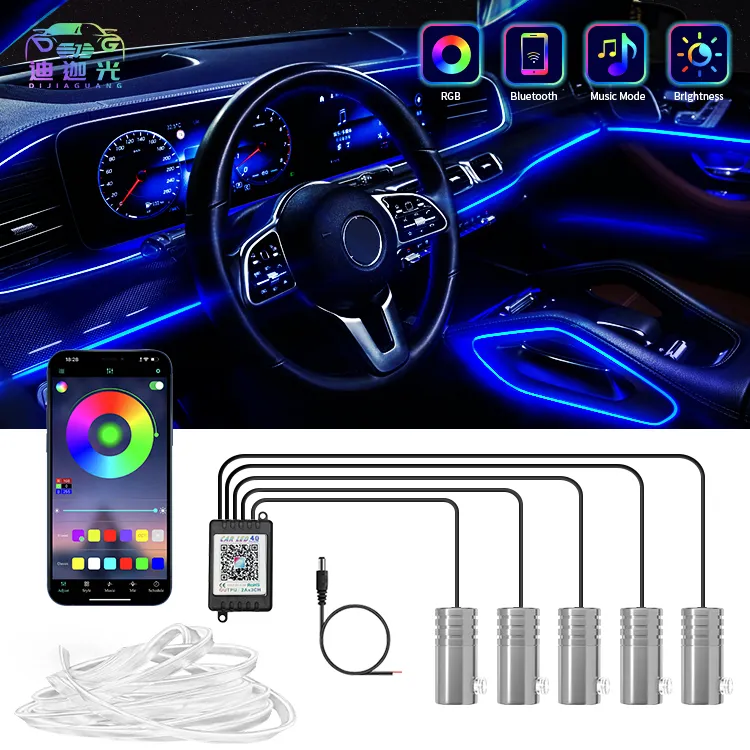 Auto-Accessoires Interieur Versieren Sfeer Licht 12V Rgb Led Glasvezel Auto Led Strips App Omgevingslicht In Auto