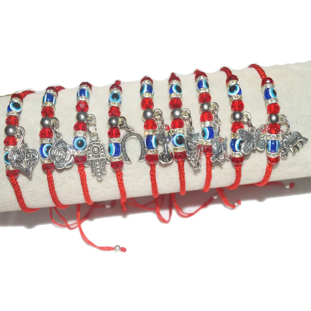 Custom จีน Knot ง่ายสีแดงเกลียวสร้อยข้อมือ Hamsa Hand D-Eye Evil Lucky Charm สร้อยข้อมือปรับราคาถูกสีแดง