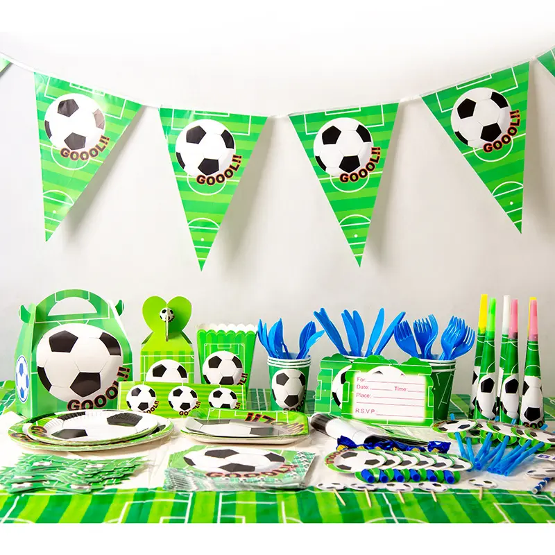 Vendita calda forniture per feste di compleanno per bambini di calcio verde con piatti di carta e stoviglie per feste