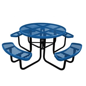 Outdoor Commercial 46&quot; Expanded Metal <strong>Round</strong> Picnic Table with Bench Garden Furniture Steel Outside <strong>Patio</strong> Dining Table and Chair - Product Image 2