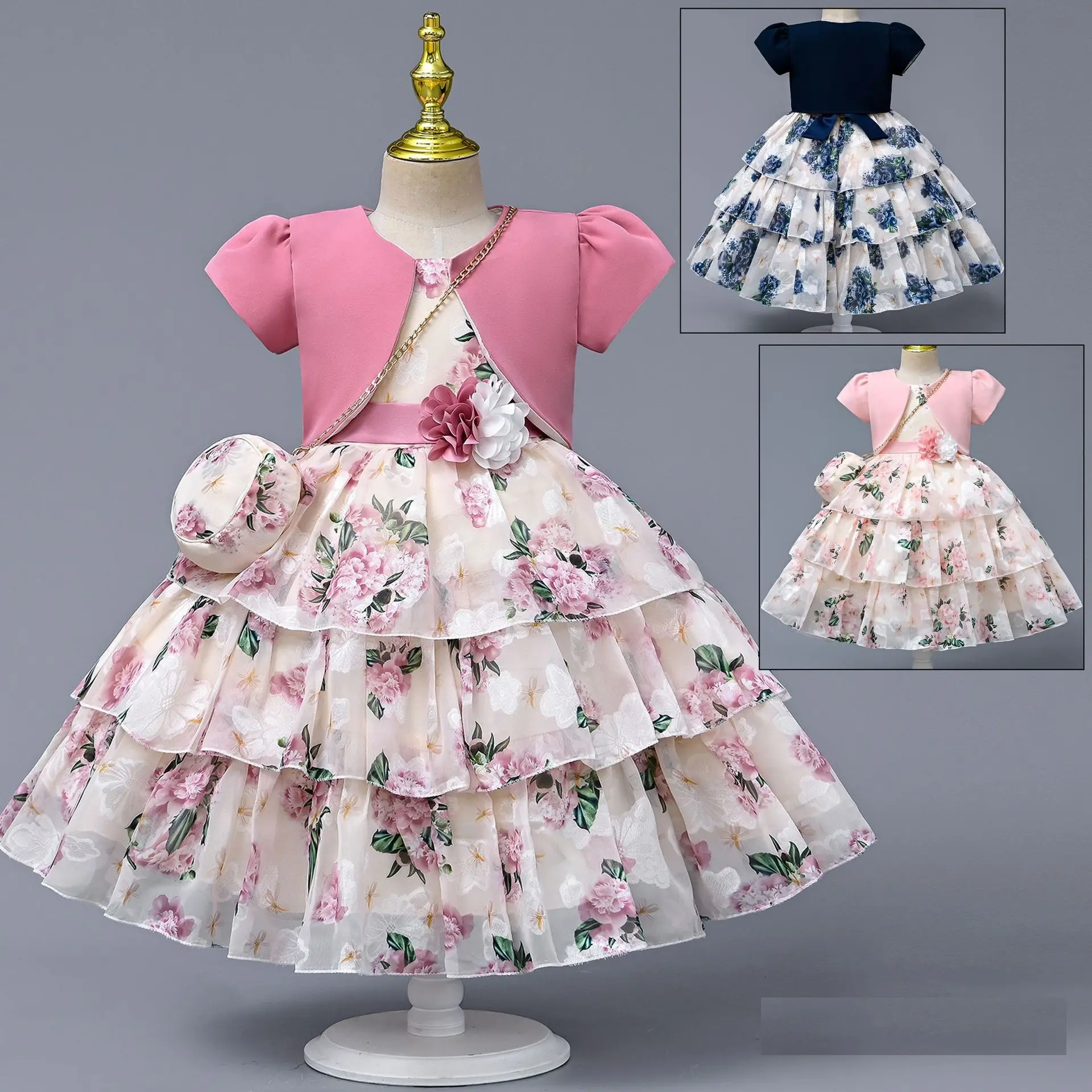 Dress+Jacket+Bag 3pcs Set High Quality Real Photo Little Girls Party Dresses Pink/Navy Floral Girl's Birthday Party Gowns