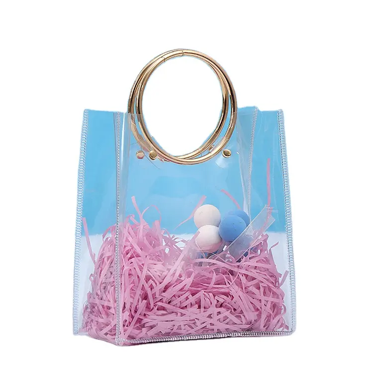Borsa cosmetica in PVC trasparente da donna alla moda borsa e borsa in vinile trasparente con manico ad anello in metallo