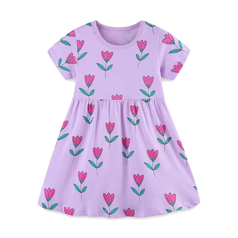 Vestidos infantis casuais de bebê estilo americano com estampa floral de verão roxo para bebês e meninas