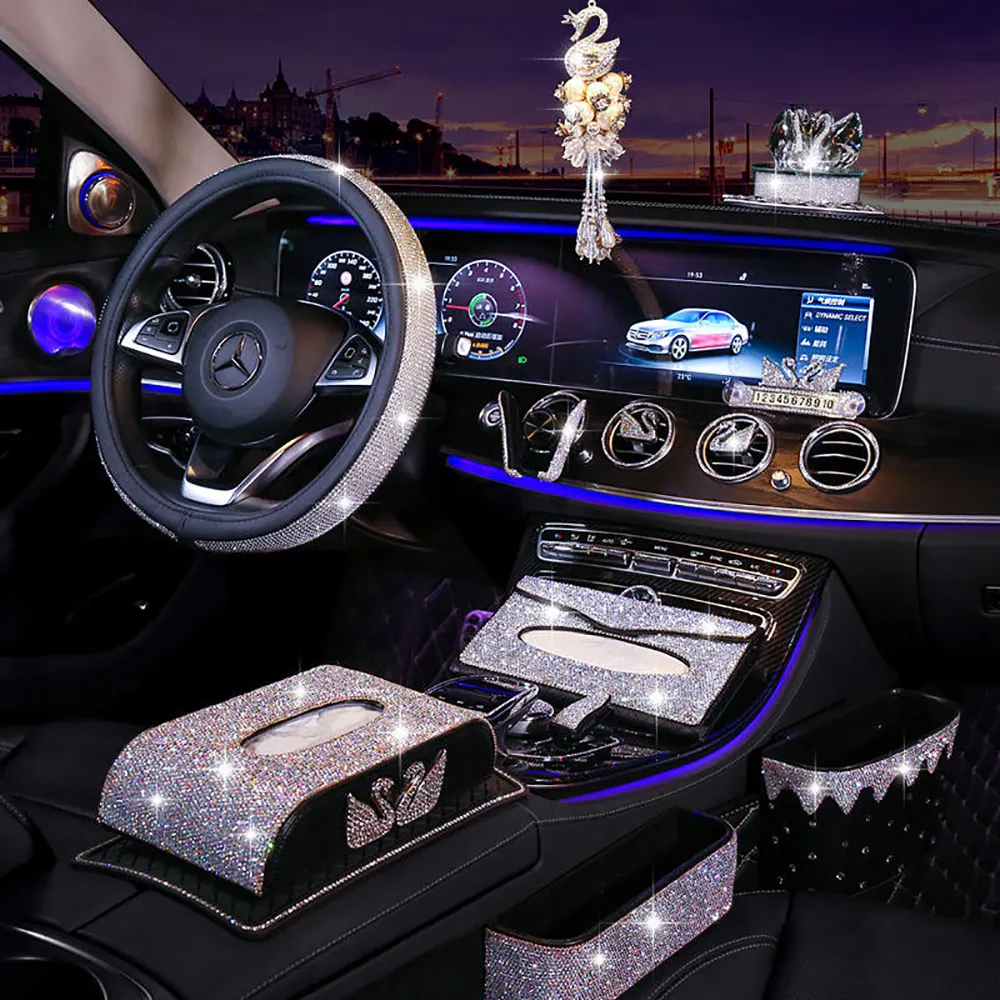Dekorasi Interior mobil, Sarung roda kemudi mobil liontin ornamen kristal pemegang tisu penyegar udara Bling