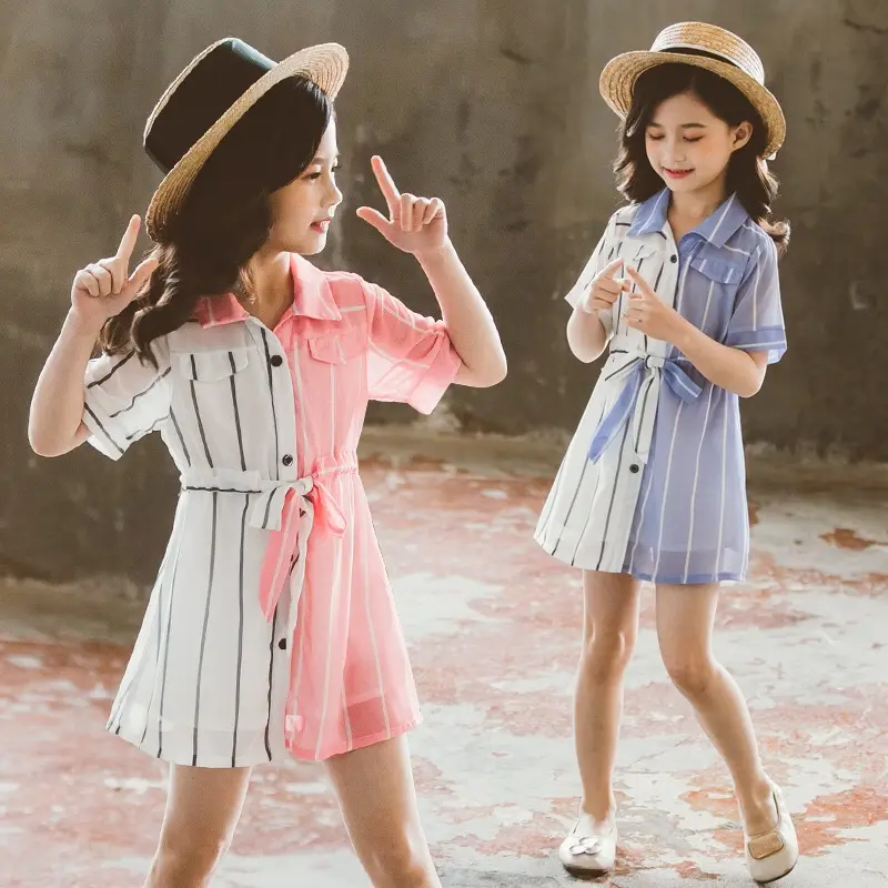 New fashion teen Girls summer short sleeve striped patchwork shirt dress Girls casual Dress
