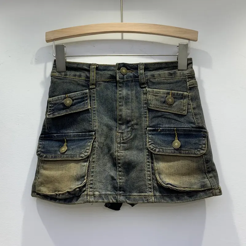 Yeni tasarım kargo Denim etek kadın butik giyim 2024 çok cepler seksi yıkanmış Jean Mini etekler