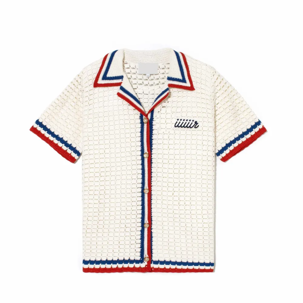 Wholesale custom logo pattern men short sleeve sweater summer button closure mesh knit polo crochet shirt