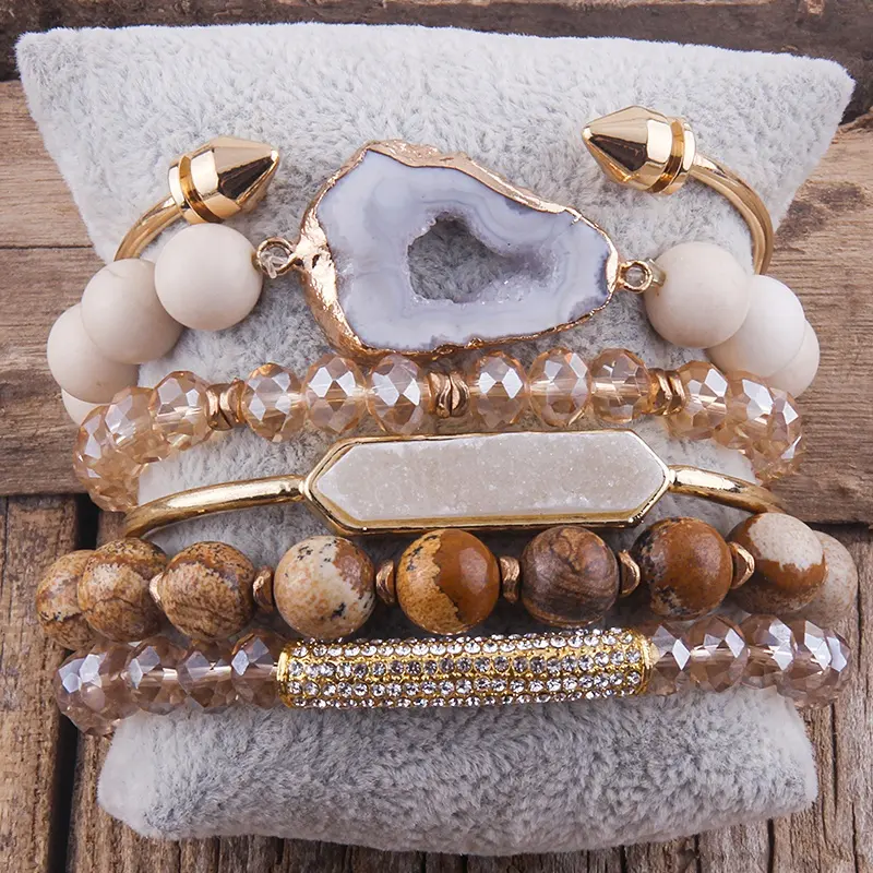 Newest chip stone gold punk Nail bangle natural gemstone beaded bracelet set white druzy bangle stack bracelet set