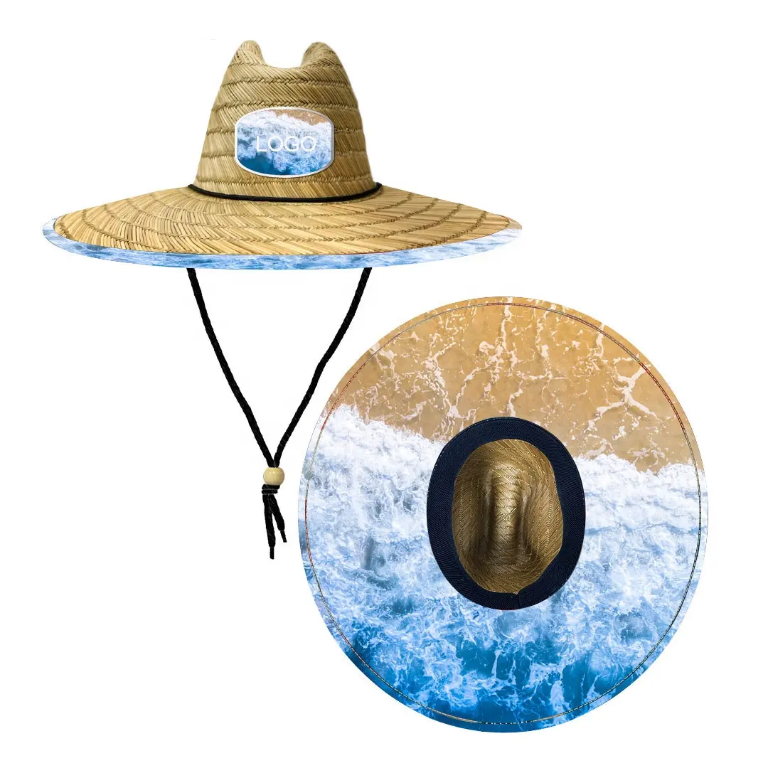 custom sun proof breathable print sombreros de pesca playeros wide brim mens lifeguard straw fishing hat with logo