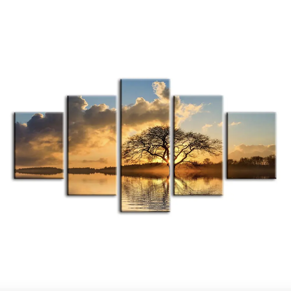 Estilo moderno árbol con río al atardecer de la naturaleza paisaje pared Mural de la pared de la lona de pintura de arte para la decoración de la casa