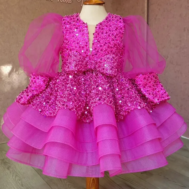 Robe de mariée de fête tutu à sequins roses de luxe pour fille robe de princesse de danse d'anniversaire de piano de scène de fille de luxe