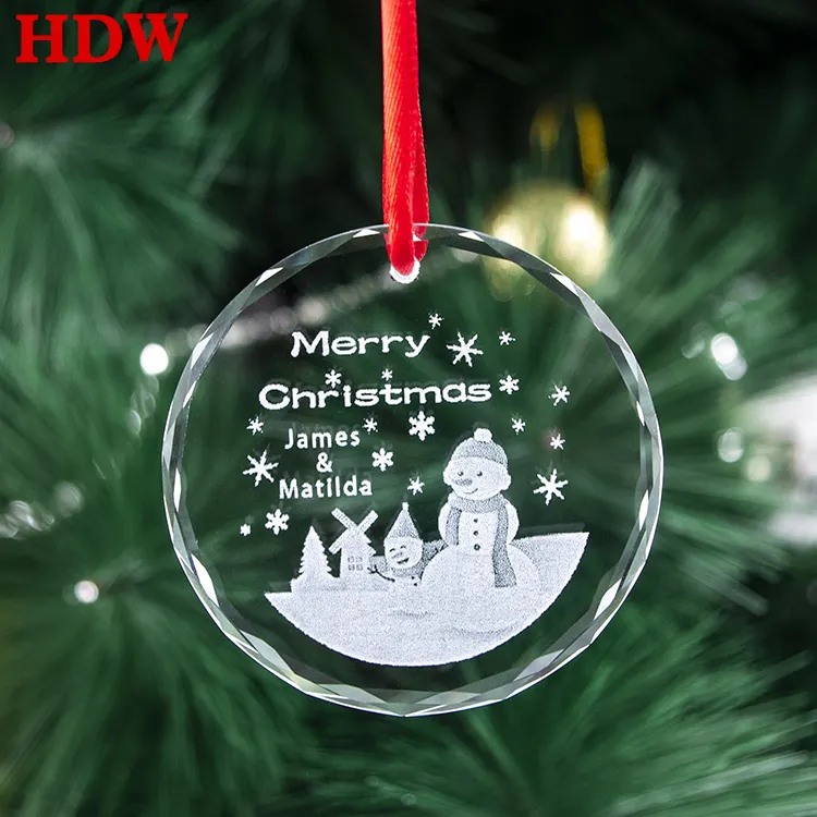 Fábrica personalizada redondo cristal Natal ornamentos personalizados gravura a laser logotipo 3d para a árvore de Natal decoração