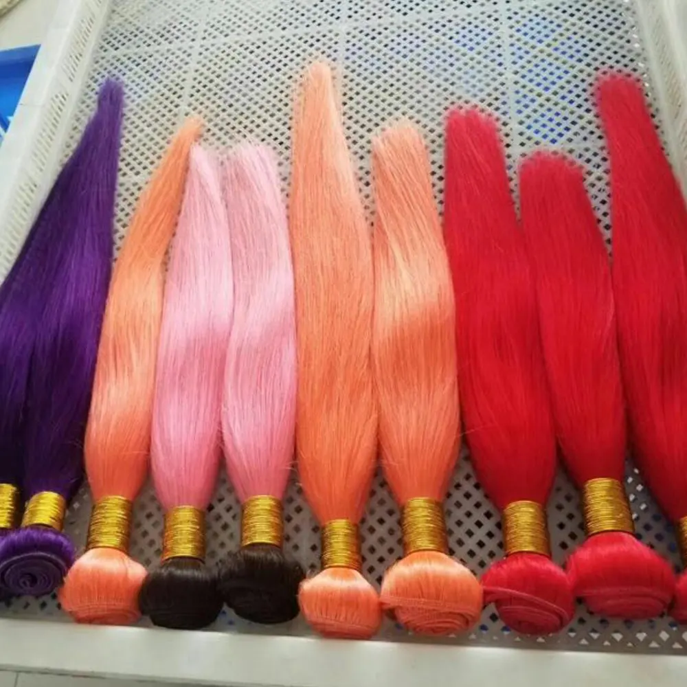 Extensões de cabelos humanos 10 "-30", pacotes de cabelo humano virgem 100%, seda brasileiro, liso, rosa, verde, azul, colorido