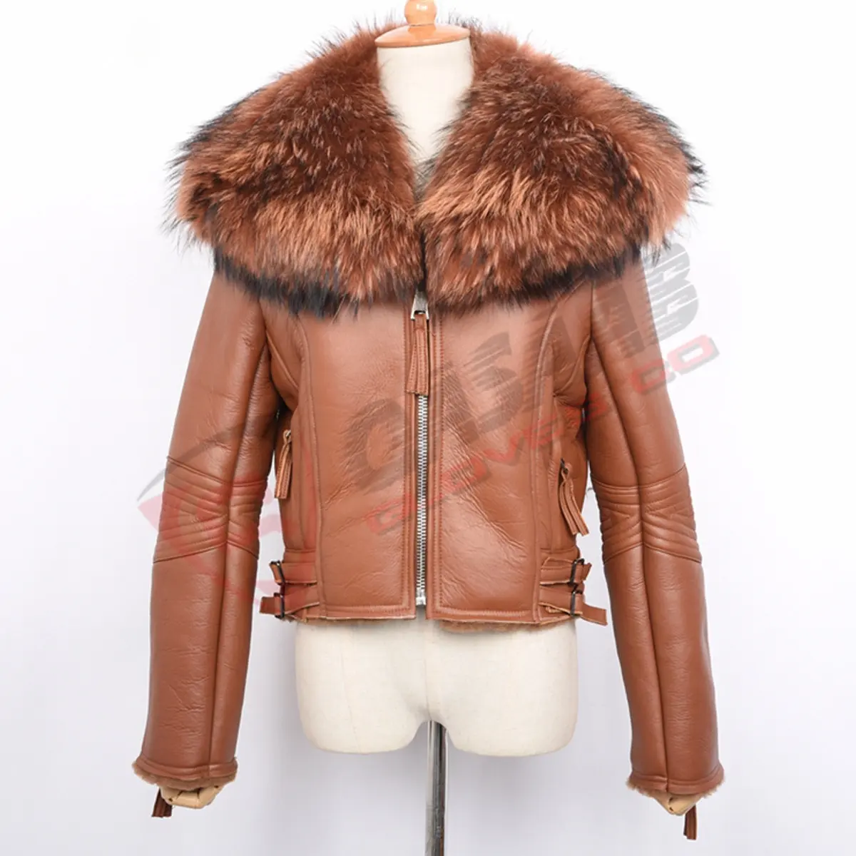 क्लासिक-डिज़ाइन महिला फर-कॉलर शीतकालीन शीपस्किन चमड़ा शॉर्ट-जैकेट भूरे रंग की सांस लेने योग्य महिला फर कॉलर बाइकर जैकेट