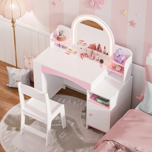ホワイトカラーLEDドレッシングテーブル収納棚とキャビネット付き子供用女の子ミラーとスツール付き子供用バニティセット - Product Image 6