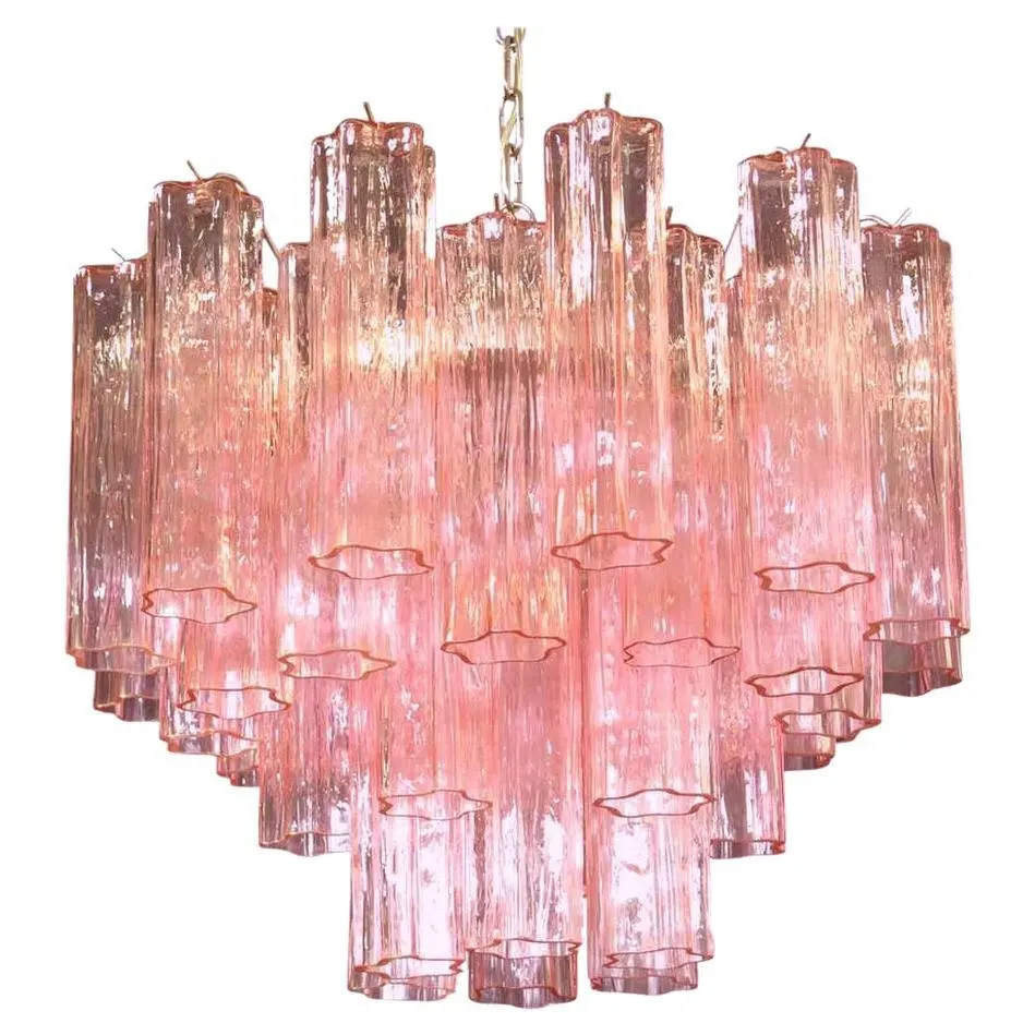 Italienisch In Murano rosa Glas und vernickelte Metalls truktur Vintage Kronleuchter