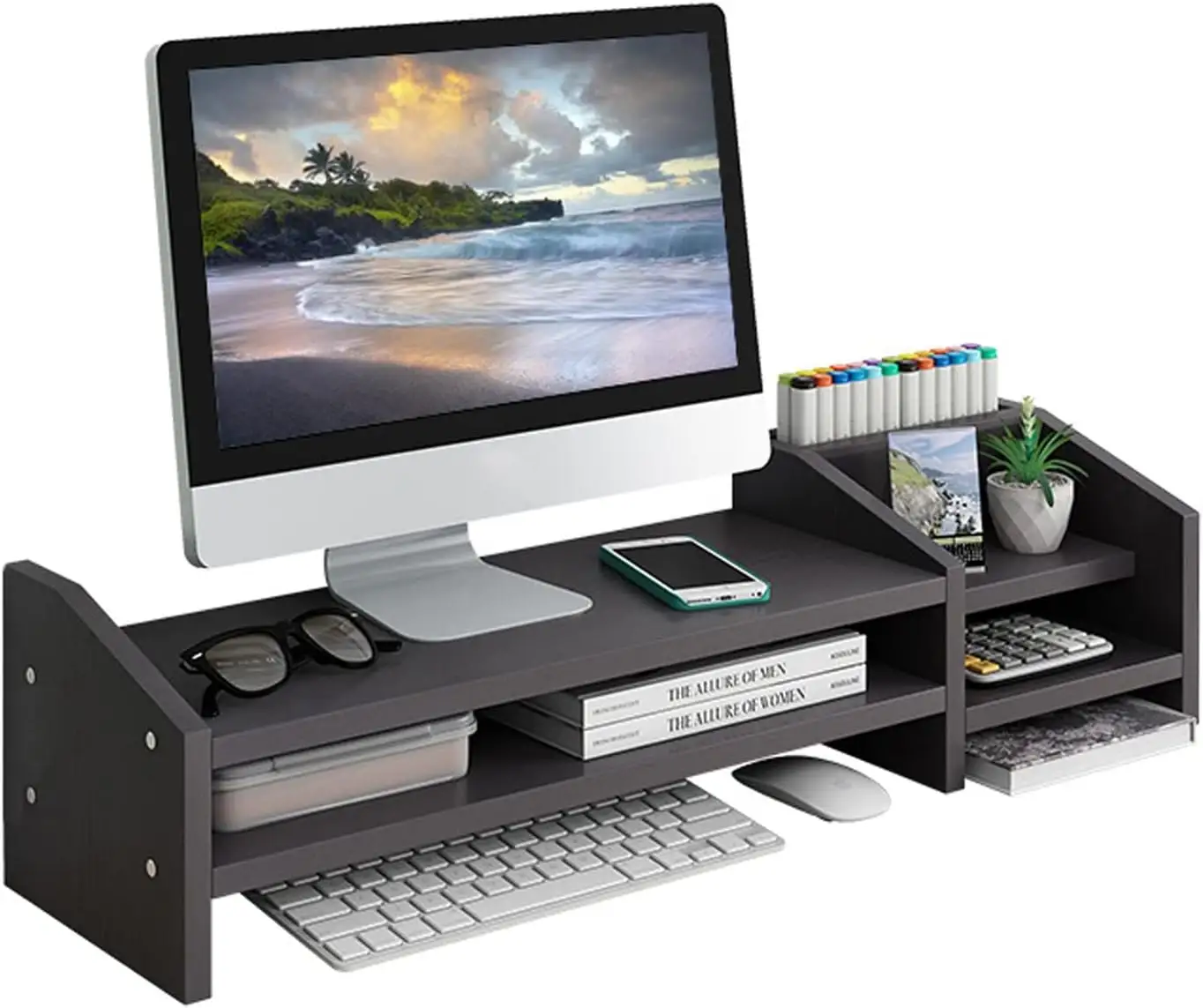 2 livelli di legno Monitor del Computer Stand con due strati di stoccaggio Rack nero Desktop Monitor Stand per PC/Laptop