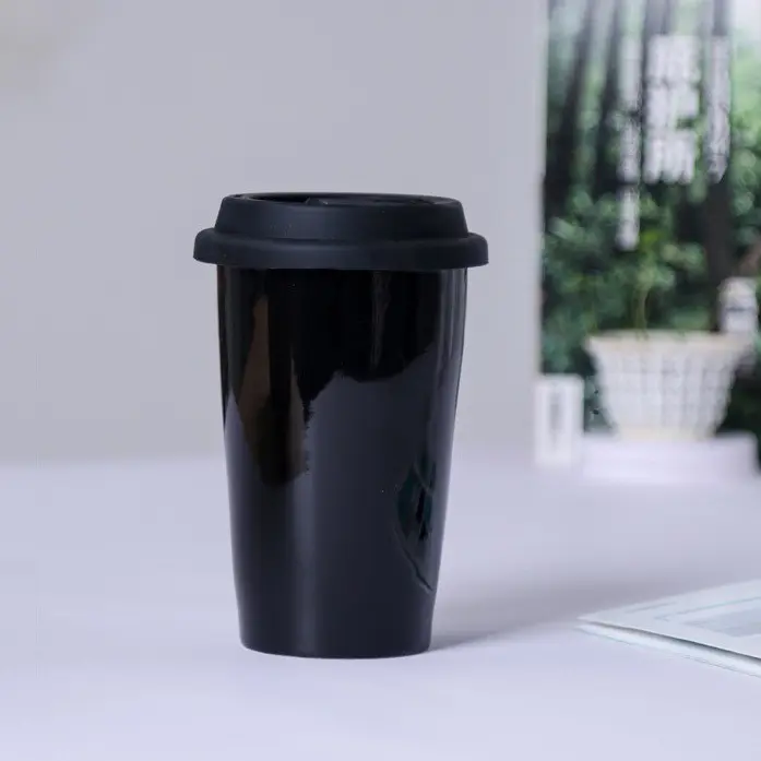 Vaso de cerámica de doble pared de 350ml, taza de bebida de café de cerámica de doble pared con tapa de silicona