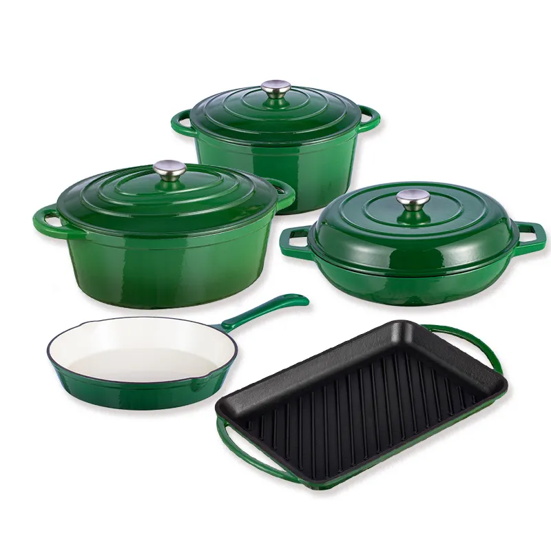 Bright Homeware 8-teiliges Kochgeschirrset Gusseisen China OEM Kochgeschirr hersteller Grün emailliertes Gusseisen Dutch Oven-und Pfannen set