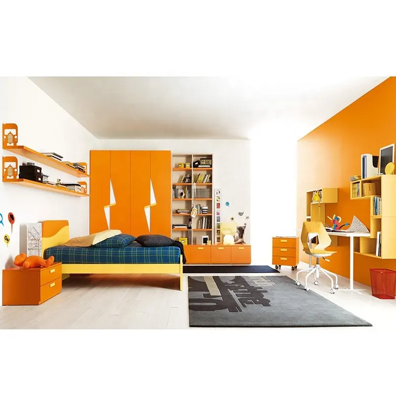 Nova conjunto de móveis de quarto infantil, conjunto de 6 peças de cama adolescente cor laranja estilo moderno de madeira
