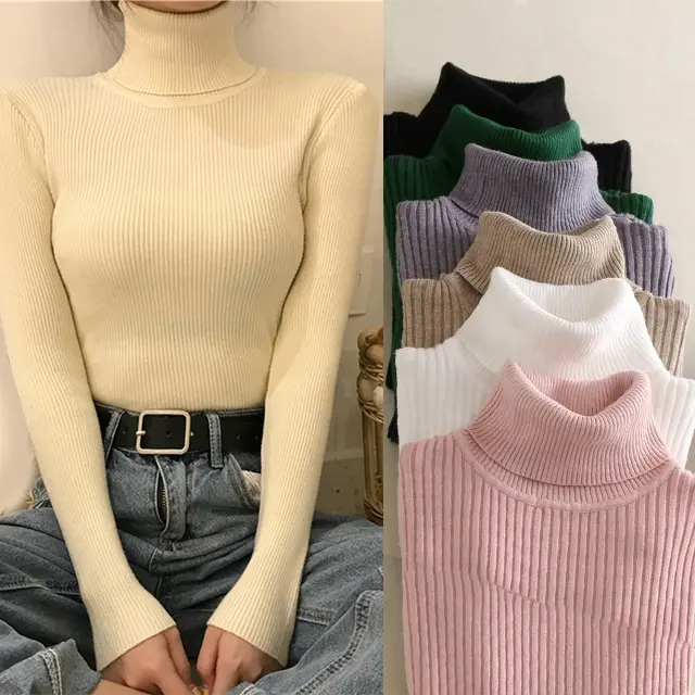 Grosir sweater rajut Turtleneck musim dingin, sweater rajut warna solid slim fit pullover untuk wanita sweater rajut lengan panjang