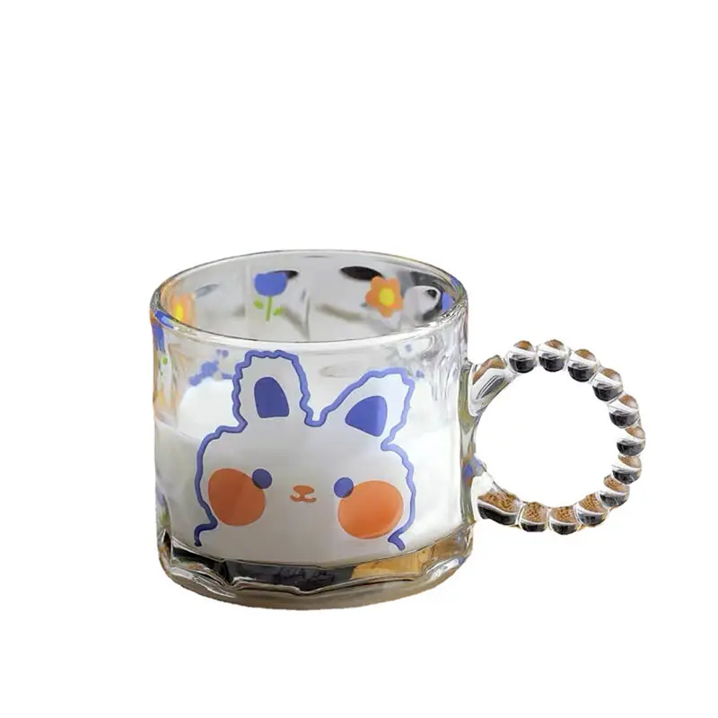 UCHOME Ins Niche-taza de agua de vidrio a rayas simple, taza creativa con mango de perla, taza de café de conejo