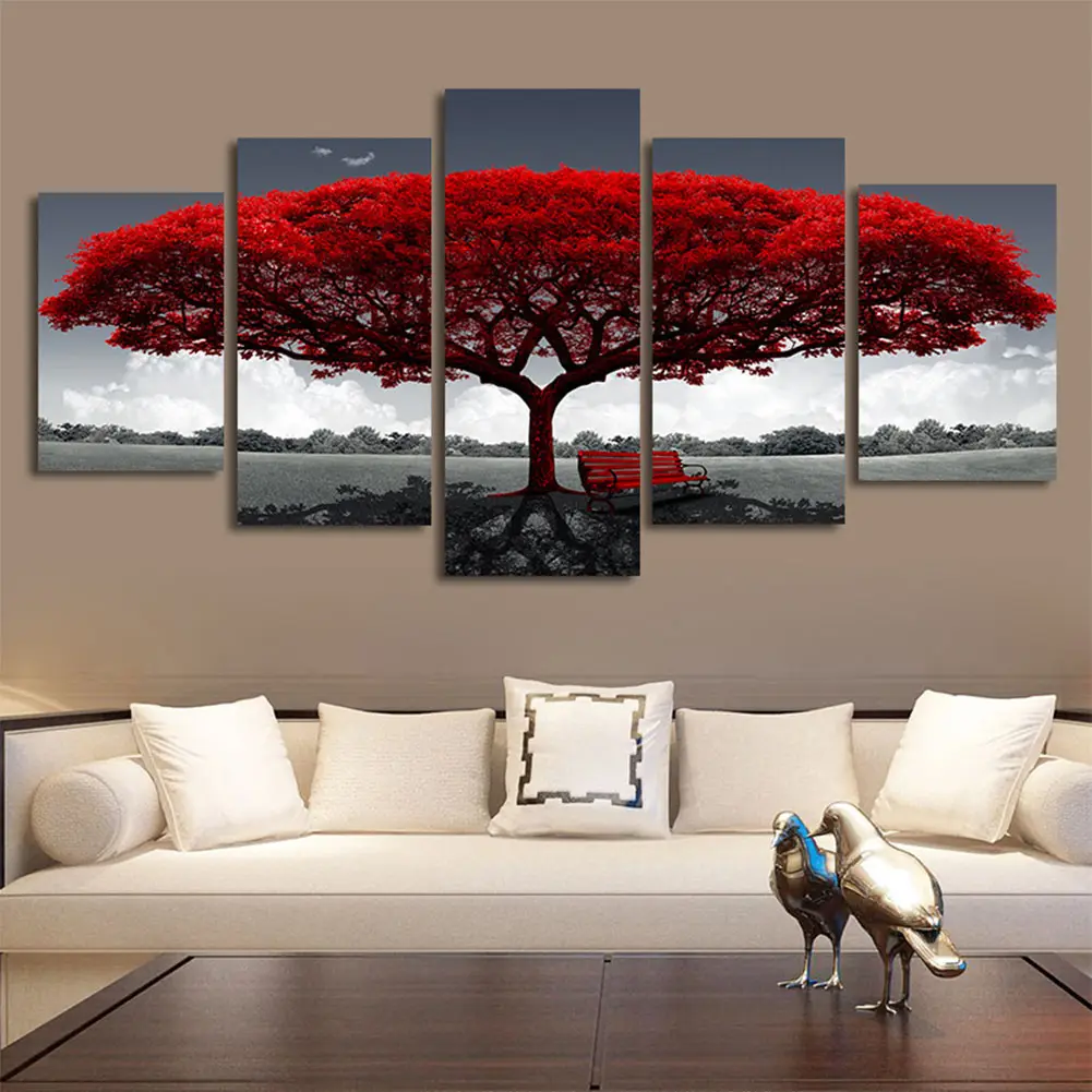 Arte de pared moderno, impresión, decoración del hogar, pinturas al óleo de paisaje, impresiones de árbol, póster personalizado, pintura de lienzo natural, 5 piezas, venta al por mayor