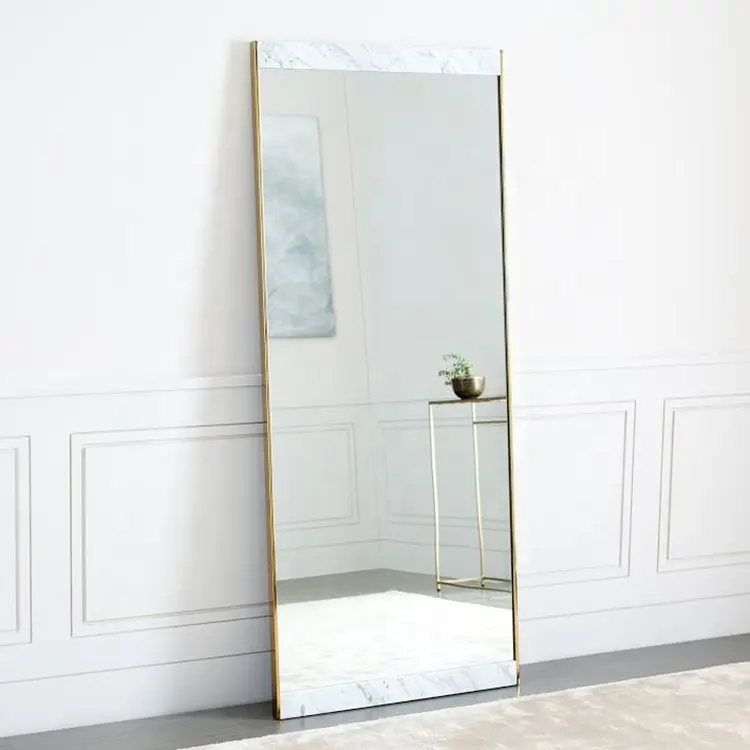 Espejo de pie con marco de mármol, espejo con marco de acero inoxidable y marco dorado