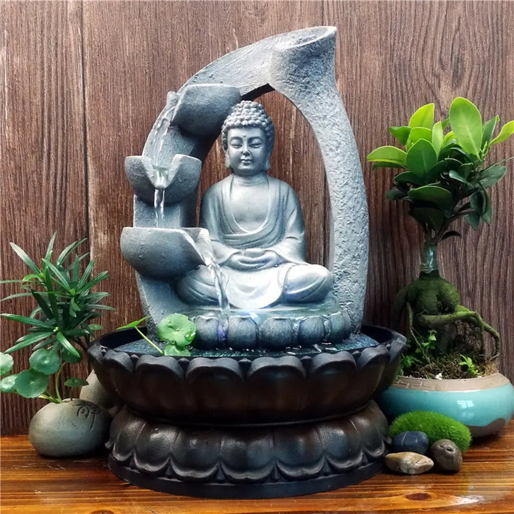 Vendita calda casa Feng Shui da tavolo coperto top decor polyresin Buddha della resina fontana di acqua