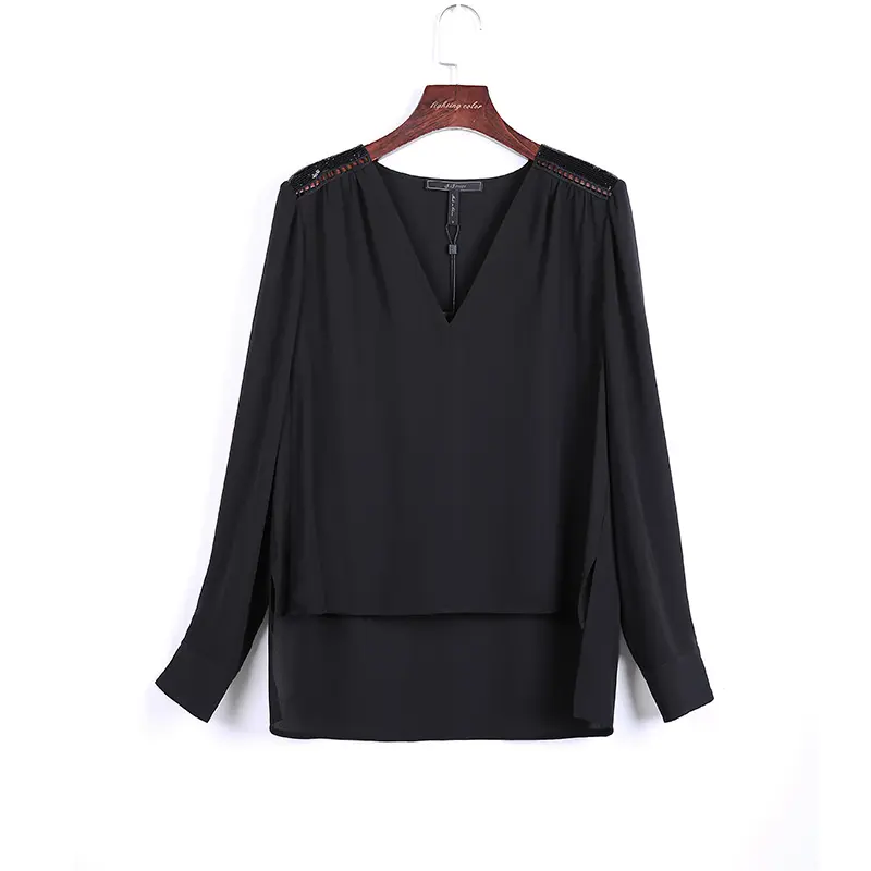 Blusas de Chifón con cuello en V para mujer, blusas elegantes informales de color negro de diseño alto y bajo, V241